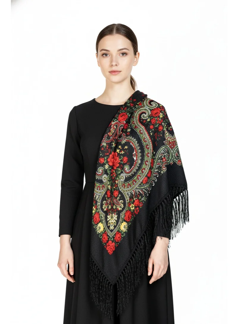 Bidani Classic Russian Black Shawl – Red & Yellow Rose Motif